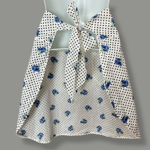 Vintage Half Apron Blue Roses Polka Dot Floral Tie Back Pocket Hostess Retro - Picture 2 of 8